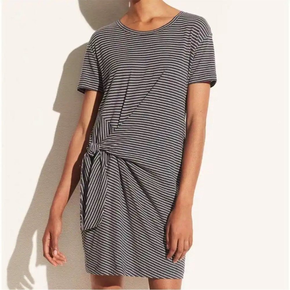 Vince Large Gray Classic Stripe Side Tie Dress Mini Striped Short Sleeve Cotton